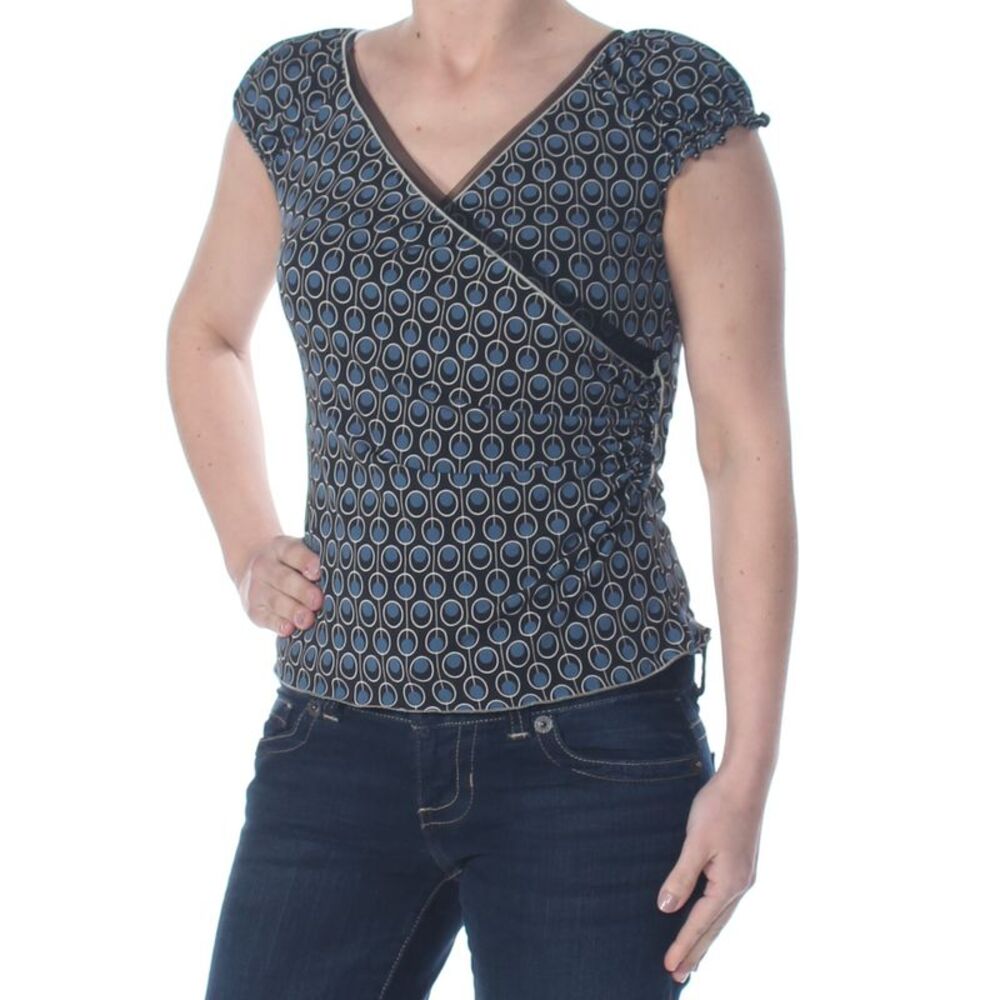 STUDIO M Womens Black Ruched Geometric V Neck Evening Faux Wrap Top Petites XS